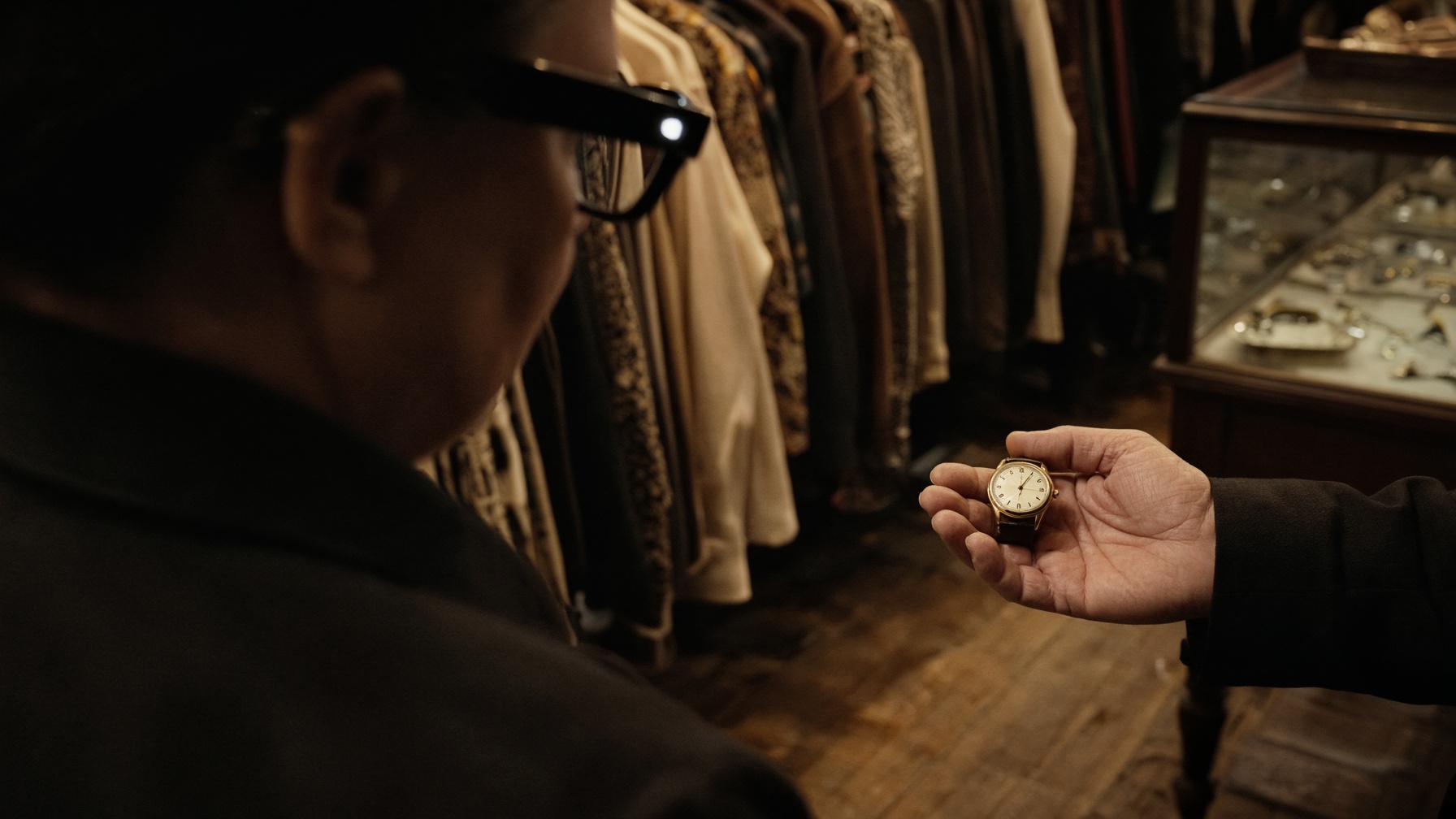Smart glasses looking at a vintage watch at a second-hand booth